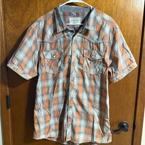 Vintage Men's Casual Plaid Shirt in Orange and Blue